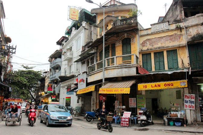Old Quarter street with tube houses in Hanoi
