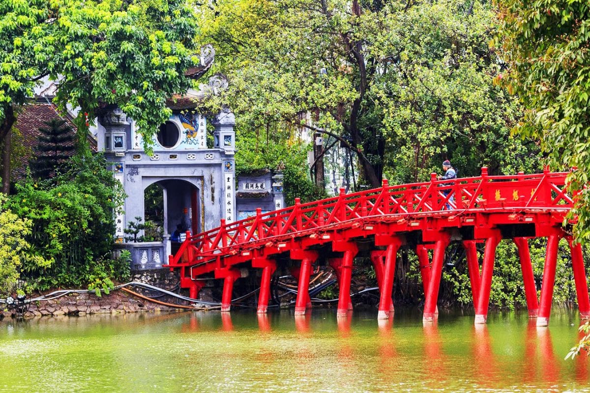 Red The Huc Bridge on Hoan Kiem Lake, Hanoi