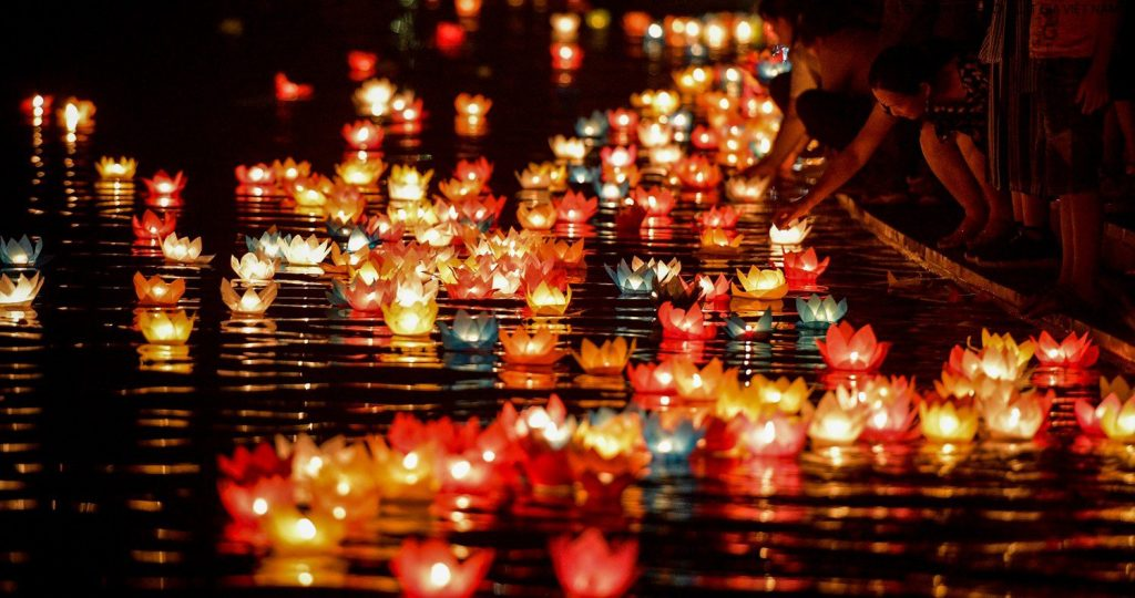 Floating lantern flowers on the Hoai River in Hoi An