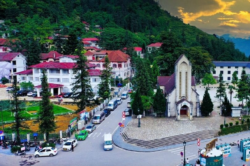 Sapa town and the Stone Church at sunset