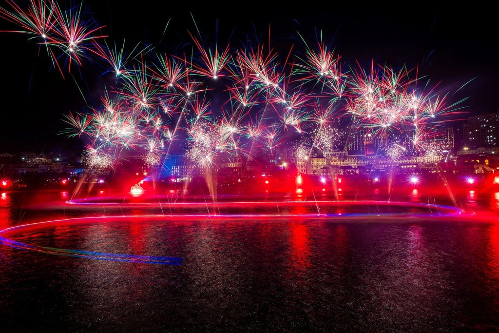 Fireworks and lights at the evening show in Sunset Town